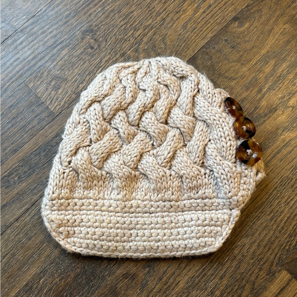 J. Crew Cream Knit Beanie with Brown Buttons